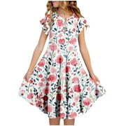 Geire Dresses for Juniors Girls' Summer Easter Print Short Sleeve Ruffled Pockets Round-Neck Printed Dress for Kids Comfort Fit
